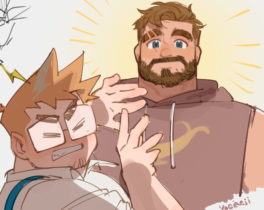 2boys arm_hair bara beard blinding_light blush brown_hair clenched_teeth clip_studio_paint_(medium) commentary coral_island cropped_torso english_commentary eyebrow_cut facial_hair facing_away full_beard glasses goatee_stubble happy_aura hood hoodie huge_eyebrows indie_virtual_youtuber large_pectorals looking_ahead male_focus mark_(coral_island) multiple_boys muscular muscular_male pectorals plump reji_(yogireji) shining short_hair sleeveless sleeveless_hoodie smile square_face stubble teeth thick_beard virtual_youtuber yaoi yogireji