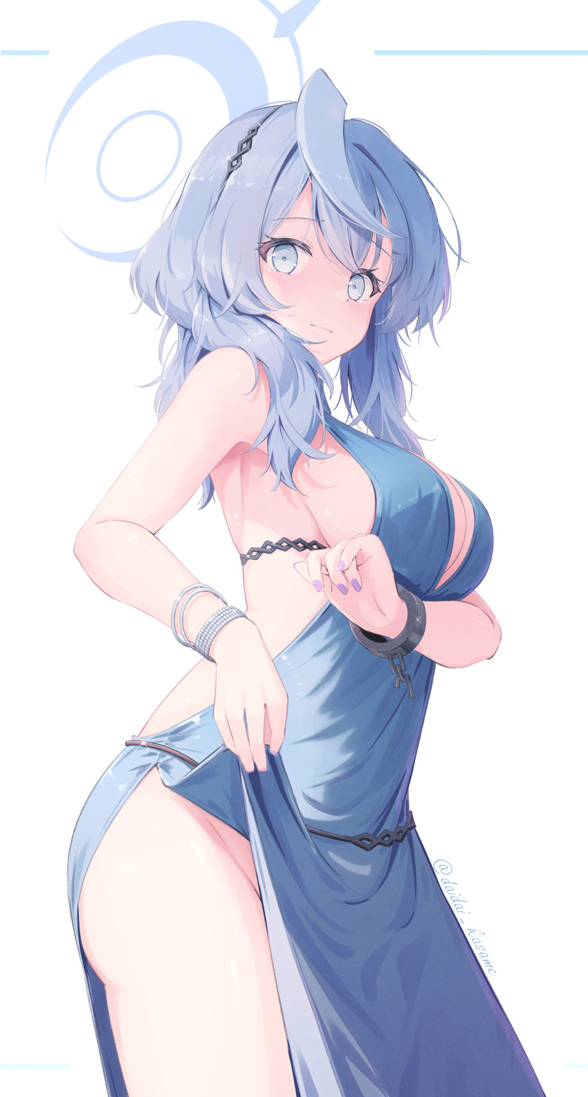 absurdres ako_(blue_archive) ako_(dress)_(blue_archive) arm_under_breasts armpits backless_dress backless_outfit bare_shoulders blue_archive blue_dress blue_eyes blue_hair blue_halo blush bracelet breasts cleavage clothes_lift cuffs daidai_(daidai826) dress dress_lift female from_below from_side hair_ornament halo highres jewelry large_breasts lifting_own_clothes looking_at_viewer multiple_bracelets no_panties official_alternate_costume plunging_neckline purple_nails shackles side_slit sideboob sideless_dress simple_background single_handcuff sleeveless sleeveless_dress smile solo standing twitter_username white_background