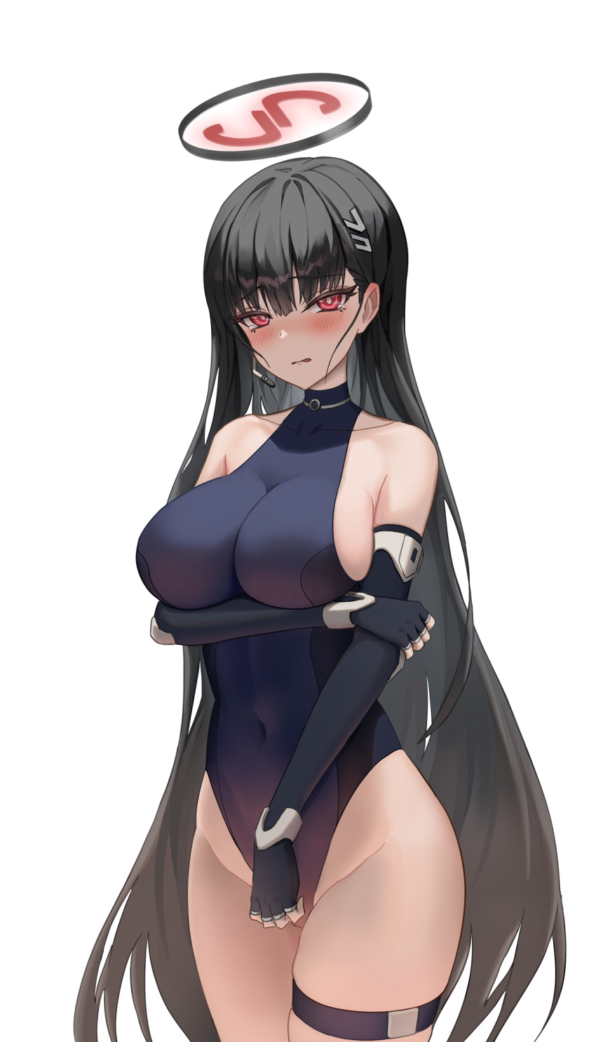 alternate_costume bare_shoulders black_hair blue_archive blue_leotard blush breasts bright_pupils cleavage collarbone commentary_request cosplay cowboy_shot female geomissword hair_ornament halo halter_leotard halterneck headset highleg highleg_leotard highres large_breasts leotard long_hair looking_at_viewer parted_lips red_eyes rio_(blue_archive) simple_background solo tearing_up thigh_strap toki_(blue_archive) toki_(blue_archive)_(cosplay) very_long_hair white_background white_pupils