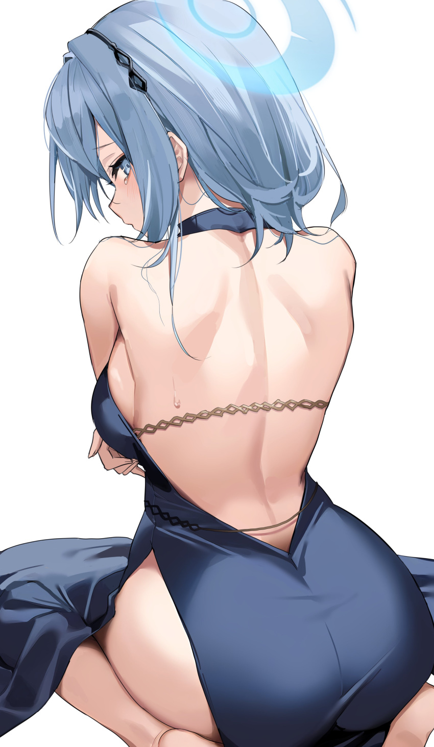 absurdres ako_(blue_archive) ako_(dress)_(blue_archive) ass back backless_dress backless_outfit bare_shoulders black_hairband blue_archive blue_dress blue_eyes blue_hair blue_halo blush breasts dress female from_behind hairband halo highres kithera large_breasts long_hair looking_at_viewer looking_back official_alternate_costume simple_background sleeveless sleeveless_dress solo white_background