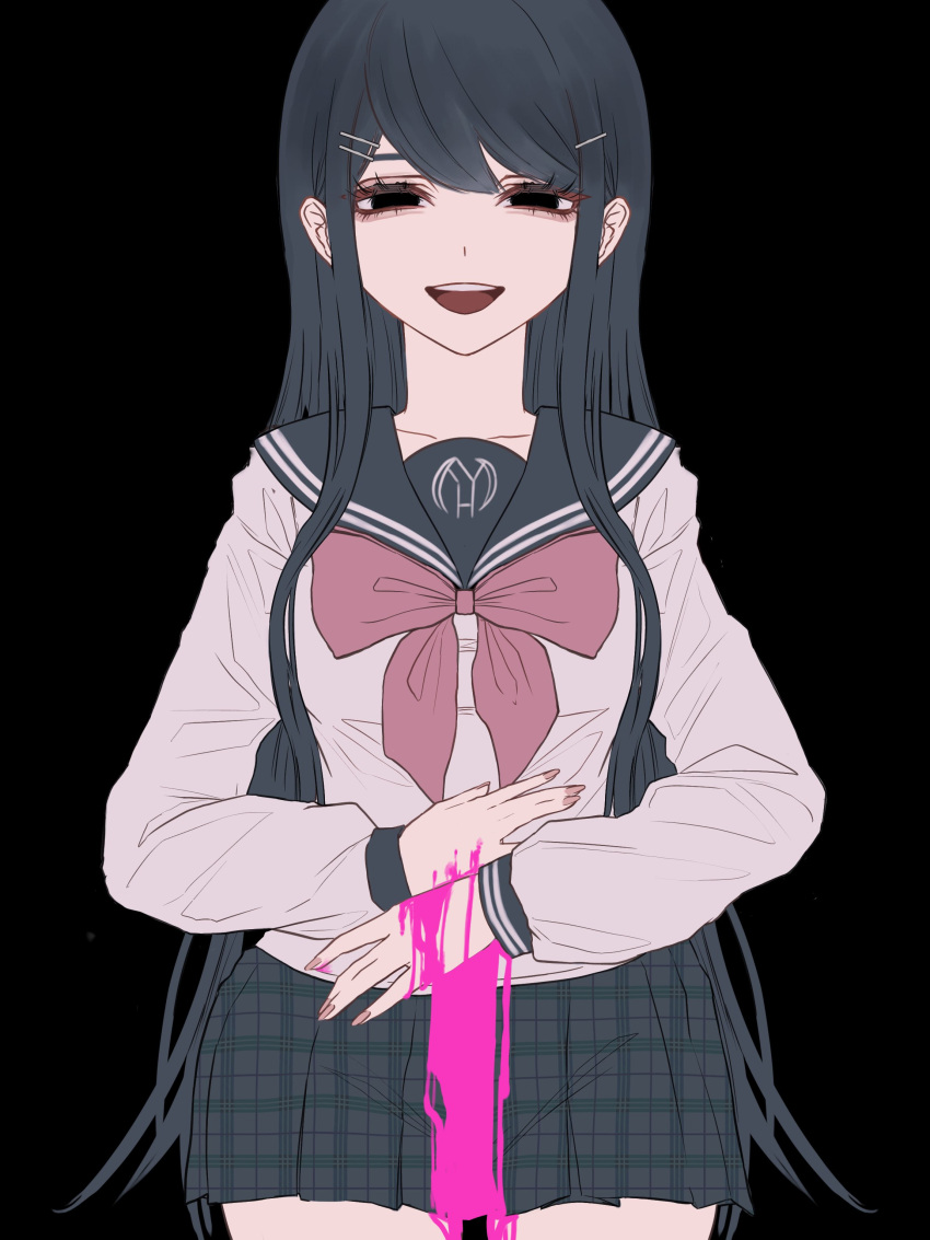 :d absurdres black_background black_eyes black_sailor_collar black_skirt blood bow bowtie danganronpa:_trigger_happy_havoc danganronpa_(series) female hair_ornament hairclip highres long_sleeves maizono_sayaka mi_loveyouuu miniskirt pink_blood pink_bow pink_bowtie plaid plaid_skirt sailor_collar school_uniform shirt simple_background skirt smile solo teeth upper_teeth_only white_shirt