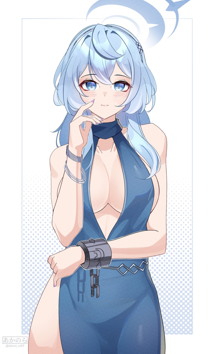 akanora ako_(blue_archive) ako_(dress)_(blue_archive) arm_across_waist artist_logo backless_dress backless_outfit bare_shoulders blue_archive blue_background blue_dress blue_eyes blue_hair blue_halo blush border bracelet breasts cleavage commentary cowboy_shot cuffs dress female gradient_background hair_between_eyes hair_ornament halftone halftone_background halo hand_on_own_face highres jewelry large_breasts long_hair looking_at_viewer multicolored_halo multiple_bracelets official_alternate_costume outside_border plunging_neckline purple_nails shackles side_slit sideboob sideless_dress sidelocks simple_background single_handcuff sleeveless sleeveless_dress solo twitter_username two-tone_halo white_background