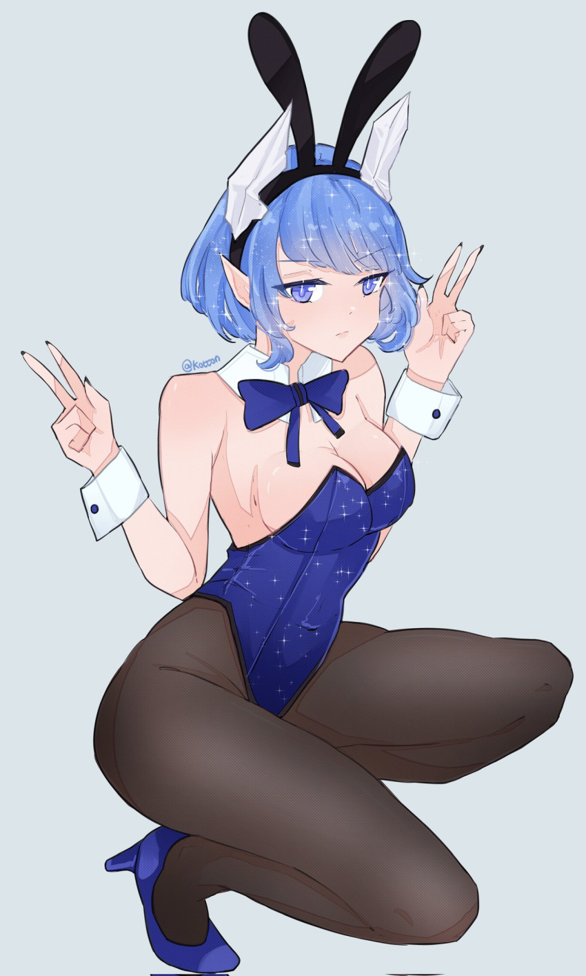 alternate_costume animal_ear_hairband animal_ears black_hairband black_nails blue_bow blue_eyes blue_footwear blue_hair bow breasts cleavage detached_collar fake_animal_ears female fire_emblem fire_emblem_heroes hairband high_heels highres ice_horns medium_breasts nail_polish nifl_(fire_emblem) playboy_bunny pointy_ears rabbit_ear_hairband rabbit_ears serafineart1001 sideboob solo v