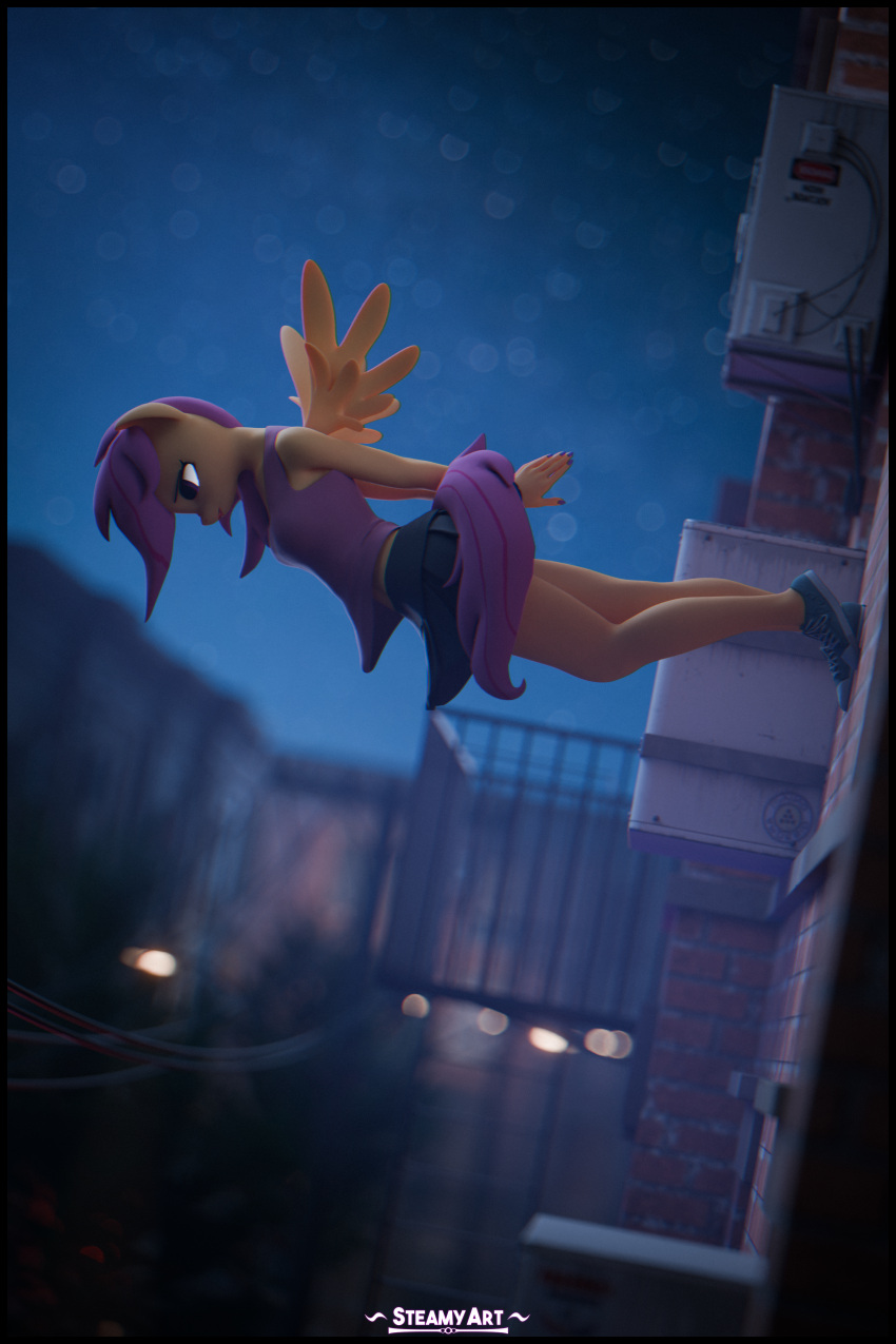 2:3 3d_(artwork) absurd_res anthro anthrofied black_border border building clothing defying_gravity digital_media_(artwork) equid equine female footwear friendship_is_magic fur hair hasbro hi_res mammal my_little_pony mythological_creature mythological_equine mythology night orange_body orange_fur pegasus purple_hair purple_tail scootaloo_(mlp) shoes solo steamyart tail wings