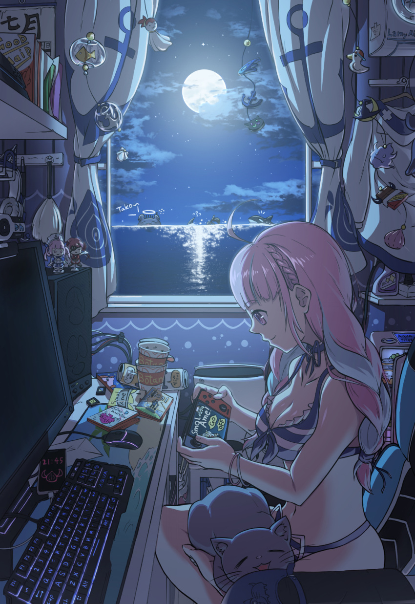 ahoge anchor_print anchor_symbol animal_ear_headphones animal_ears animal_on_lap bikini blue_bikini blue_hair book braid breasts can cellphone chair cleavage closed_mouth cloud commentary_request computer computer_keyboard computer_mouse crossed_legs cup_ramen curtains desk dongle_e english_commentary fake_animal_ears female french_braid front-tie_bikini_top front-tie_top full_moon gaming_chair grey_cat halterneck headphones headset highres hololive hololive_english houshou_marine indoors large_breasts loaded_interior long_hair minato_aqua minato_aqua_(hololive_summer_2019) mixed-language_commentary monitor moon mousepad_(object) multicolored_hair neko_(minato_aqua) night night_sky nintendo_switch official_alternate_costume on_chair on_lap phone pink_hair playing_games purple_eyes shark_fin shelf sitting sky smartphone smol_ame smol_ame:_the_game solo star_(sky) streaked_hair striped_bikini striped_clothes subaru_duck swimsuit swivel_chair takodachi_(ninomae_ina'nis) teruterubouzu twin_braids twintails two-tone_hair unworn_clothes unworn_headphones virtual_youtuber water watson_amelia webcam window