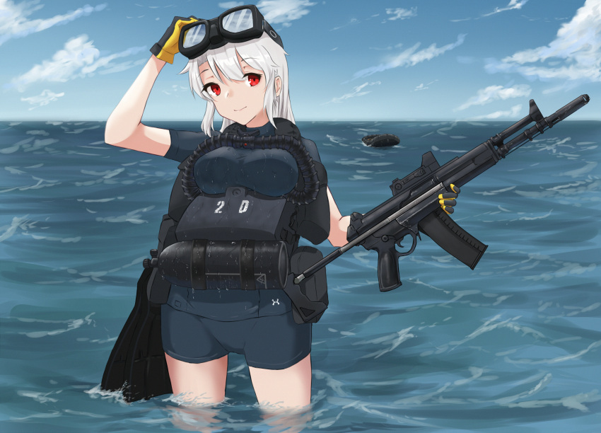 a-545 adjusting_eyewear ammunition_pouch assault_rifle astraglgunner black_gloves blue_bodysuit blue_sky boat bodysuit cloud diving diving_mask diving_mask_on_head diving_regulator diving_suit flippers frogman gloves goggles goggles_on_head grey_hair gun highres holding holding_gun holding_weapon in_water inflatable_boat magazine_(weapon) military original oxygen_tank pouch rebreather red_eyes rifle scope scuba scuba_gear scuba_tank sky smile two-tone_gloves wading watercraft weapon wetsuit yellow_gloves