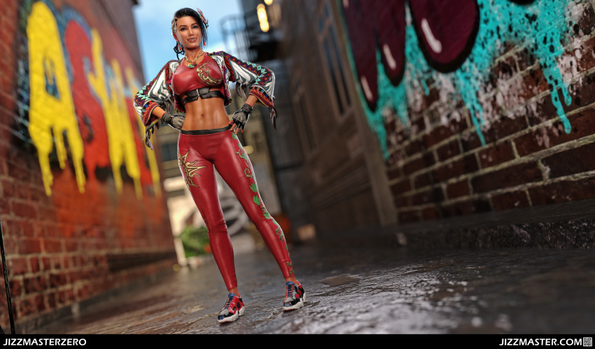 1girls 3d_(artwork) azucena_milagros_ortiz_castillo bandai_namco bra dark-skinned_female dark_skin earrings feather_hair fit_female full_body hair_ornament jizzmasterzero latina looking_at_viewer namco peruvian_female pose short_hair smile sneakers standing stomach street tekken tekken_8 thick_thighs tight_pants wide_hips