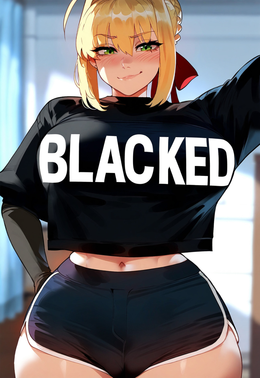 1girls ai_generated blacked blacked_clothing blonde_hair blush breasts cameltoe crop_top crop_top_overhang fate/grand_order fate_(series) female female_only flat_belly flat_stomach floox green_eyes gym_shorts hand_on_hip hi_res hips hourglass_figure huge_breasts light-skinned_female light_skin looking_at_viewer naughty_face nero_claudius_(fate) overhang shirt_overhang smile smirk smug solo stable_diffusion thiccwithaq_(ai_style) thick_thighs thighs wide_hips