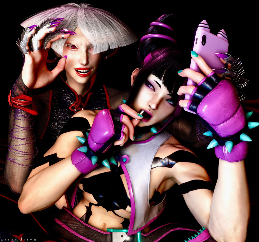 2females 2girls 2women 3d 3d_(artwork) 3d_model a.k.i. capcom duo duo_female duo_focus female/female friendly green_eyes heterochromatic_eyes juri_han light-skinned_female light_skin oirandrive purple_eye red_eyes selfie street_fighter street_fighter_6