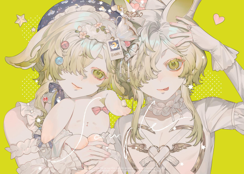 1boy animal_ears armband blonde_hair blush bow breasts bridal_gauntlets buttons choker cleavage cleavage_cutout closed_mouth clothing_cutout cup dougla english_text eyelashes eyeshadow female flower frilled_armband frilled_choker frills hair_ornament hand_up heart highres holding holding_stuffed_toy light_smile long_hair long_sleeves looking_at_another looking_at_viewer makeup one_eye_covered original pink_bow pink_eyeshadow pink_flower rabbit_boy rabbit_ears rabbit_girl sample_watermark screentones shoulder_blush siblings small_breasts smile star_(symbol) stuffed_animal stuffed_rabbit stuffed_toy teacup tongue tongue_out upper_body watermark white_choker yellow_background yellow_eyes