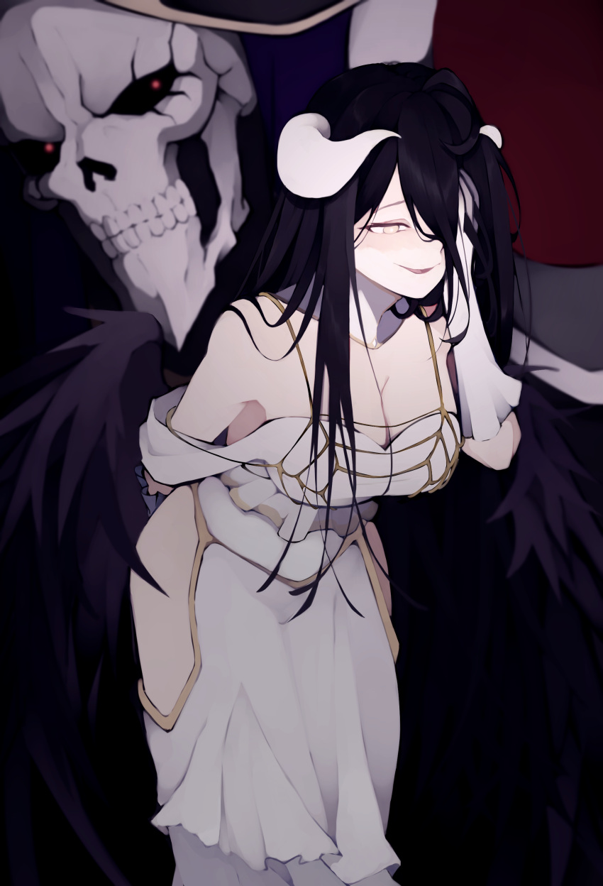 1boy absurdres ainz_ooal_gown albedo_(overlord) bakasuraimu blush breasts demon_girl demon_horns demon_wings dress female highres horns large_breasts long_hair overlord_(maruyama) red_eyes skull very_long_hair white_dress wings yellow_eyes