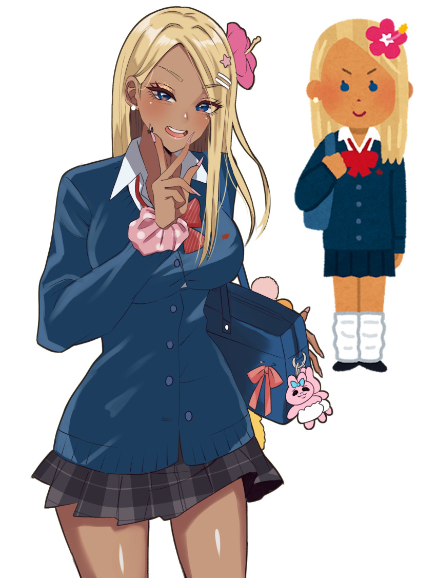 absurdres bag black_skirt blonde_hair blue_cardigan blue_eyes blush breasts cardigan charm_(object) female fingernails flower gyaru hair_flower hair_ornament highres irasutoya irasutoya_challenge kogal kogal_(irasutoya) large_breasts long_fingernails long_hair long_sleeves looking_at_viewer mifune_takashi_(style) miniskirt multiple_views nail_polish parted_bangs pleated_skirt school_bag school_uniform scrunchie simple_background skirt smile straight_hair w w_over_mouth white_background wrist_scrunchie yumeniku