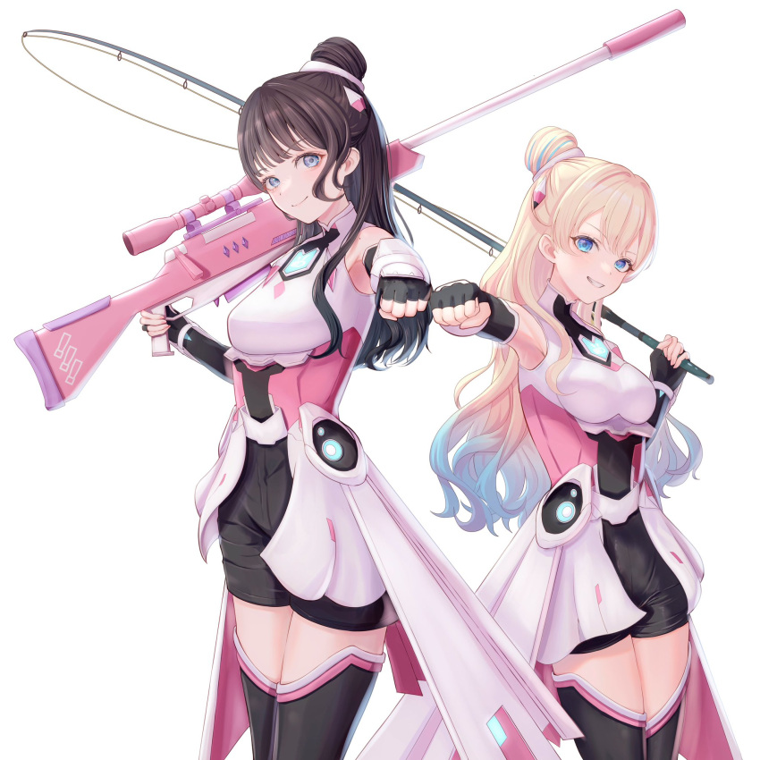 2girls animification armpits black_bodysuit black_gloves black_thighhighs blonde_hair blue_eyes blue_hair blush bodysuit boobplate breasts brown_hair clenched_hand closed_mouth commentary_request cowboy_shot elbow_gloves fanfare!!!_(love_live!) fishing_rod gloves gradient_hair grin gun hair_bun headpiece highres holding holding_fishing_rod holding_gun holding_weapon kan_kanna light_blue_hair link!_like!_love_live! long_hair looking_at_viewer love_live! medium_breasts mira-cra_park! multicolored_hair multiple_girls noginogiro official_alternate_costume osawa_rurino over_shoulder real_life rifle simple_background single_hair_bun sleeveless sleeveless_bodysuit smile sniper_rifle streaked_hair thighhighs v-shaped_eyebrows virtual_youtuber voice_actor voice_actor_connection weapon weapon_over_shoulder white_background