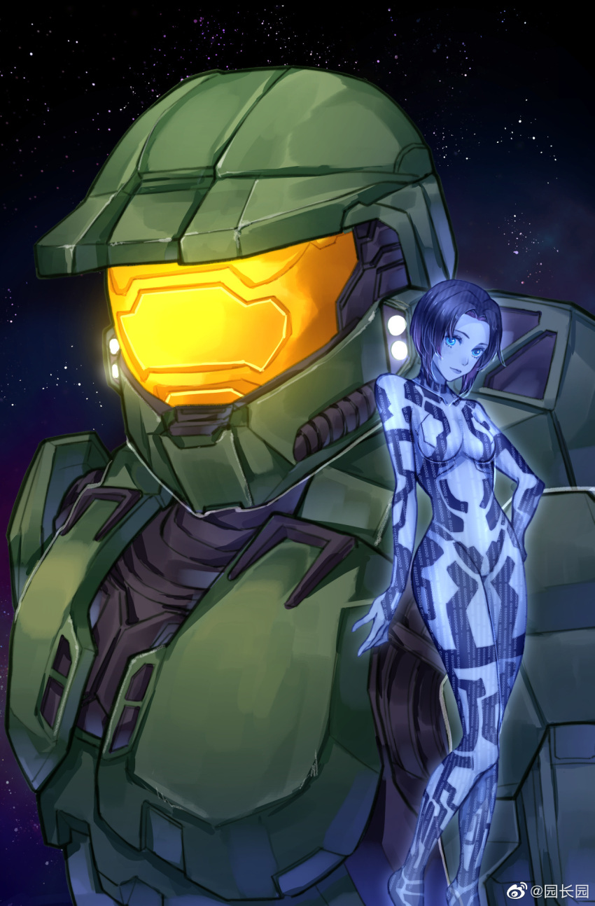 1boy armor assault_visor blue_eyes blue_skin breasts chinese_commentary colored_skin cortana female green_helmet halo_(series) halo_2 head_tilt helmet highres hologram looking_at_viewer master_chief medium_breasts power_armor short_hair sky_kiki smile space spartan_(halo) star_(sky) weibo_username weibo_watermark