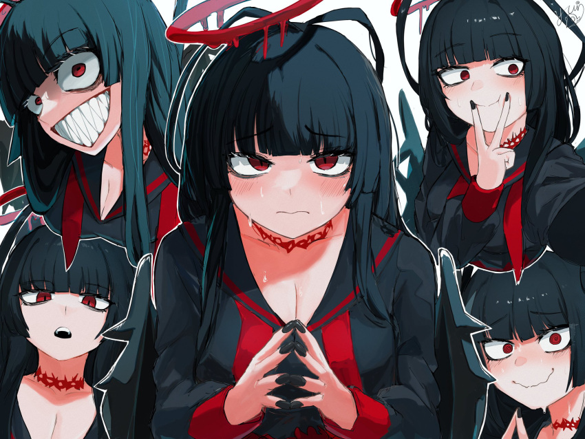 black_hair blue_archive blunt_bangs breasts cleavage evil_grin evil_smile female grin halo highres long_hair looking_at_viewer red_eyes red_halo sharp_teeth simple_background smile solo teeth tsurugi_(blue_archive) upper_body wings yuindesu