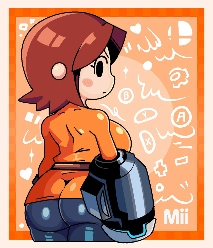 arm_cannon ass black_eyes black_pants breasts brown_hair dress female gallycidpizza highres huge_ass large_breasts looking_at_viewer mii_gunner mii_gunner_(smash_4) nintendo orange_background orange_dress pants short_hair smash_ball super_smash_bros. weapon