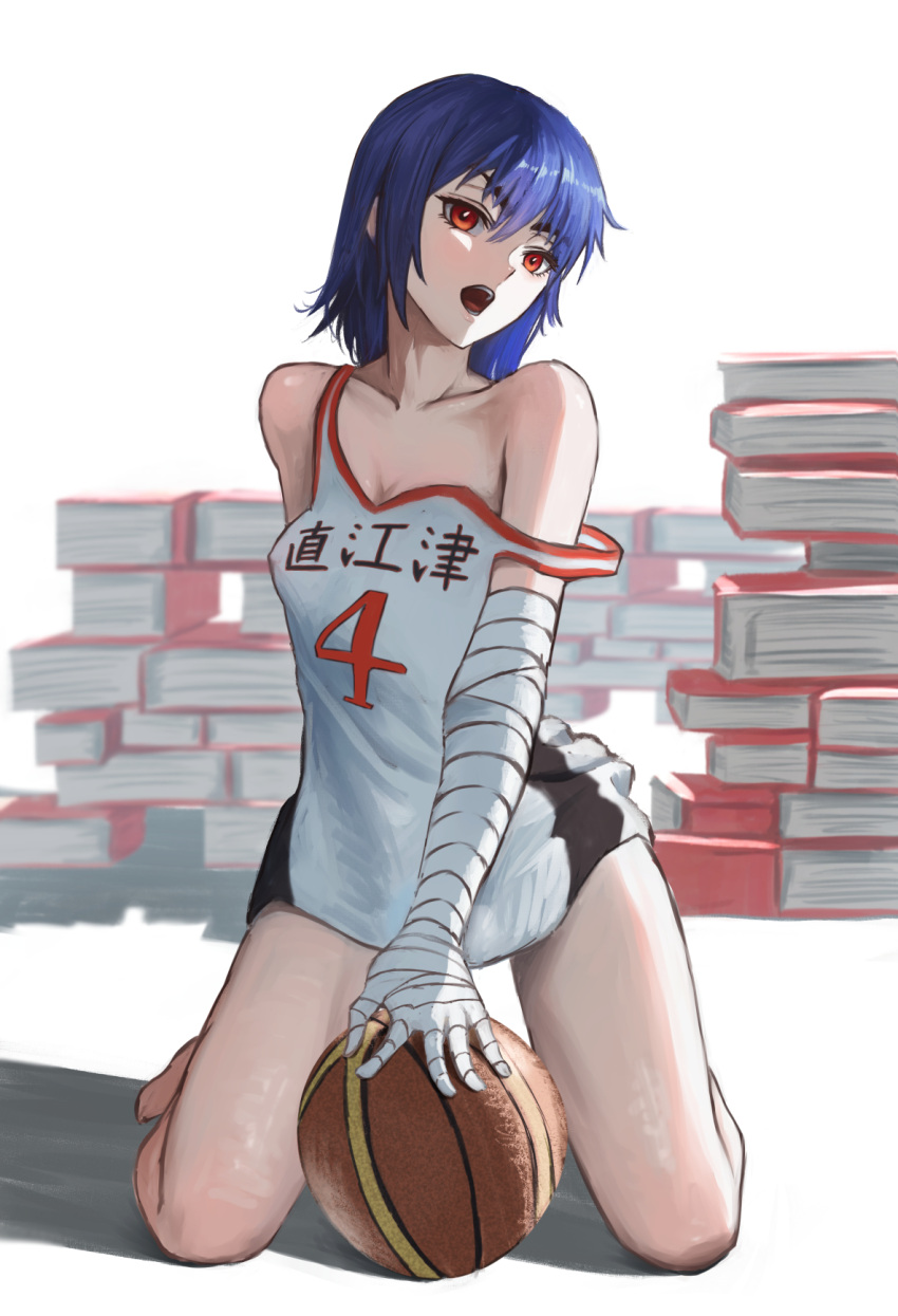 arm_behind_back bakemonogatari ball bandaged_arm bandaged_hand bandages bare_shoulders basketball basketball_(object) basketball_jersey between_legs black_trim blue_hair book book_stack breasts cleavage clothes_writing collarbone commentary female full_body hair_between_eyes head_tilt highres jersey kanbaru_suruga kneeling looking_at_viewer medium_breasts monogatari_(series) no_bra no_pants open_mouth perky_breasts red_eyes red_trim ryo_(r9030397) shadow shirt short_hair solo strap_slip thick_eyebrows tomboy translated turning_head white_background white_shirt