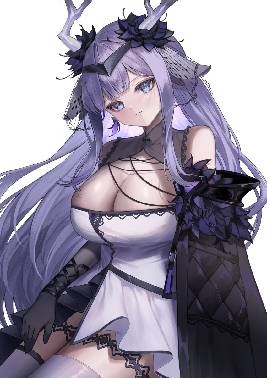 absurdres animal_ears antlers black_flower black_gloves blue_eyes breasts cleavage deer_antlers deer_girl dress echocalypse elbow_gloves eyelashes female flower gloves hair_flower hair_ornament highres horns large_breasts long_hair mole mole_under_eye off_shoulder purple_hair solo teacup_(teacup1031) thighhighs white_dress white_thighhighs zawa_(echocalypse)