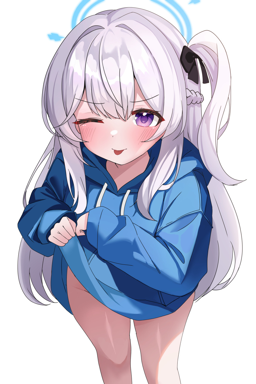 ;p absurdres bare_legs blue_archive blue_hoodie blush drawing_flover feet_out_of_frame female grey_hair groin halo highres hood hoodie long_hair looking_at_viewer miyako_(blue_archive) miyako_(young)_(blue_archive) no_pants one_eye_closed one_side_up simple_background solo tongue tongue_out very_long_hair white_background