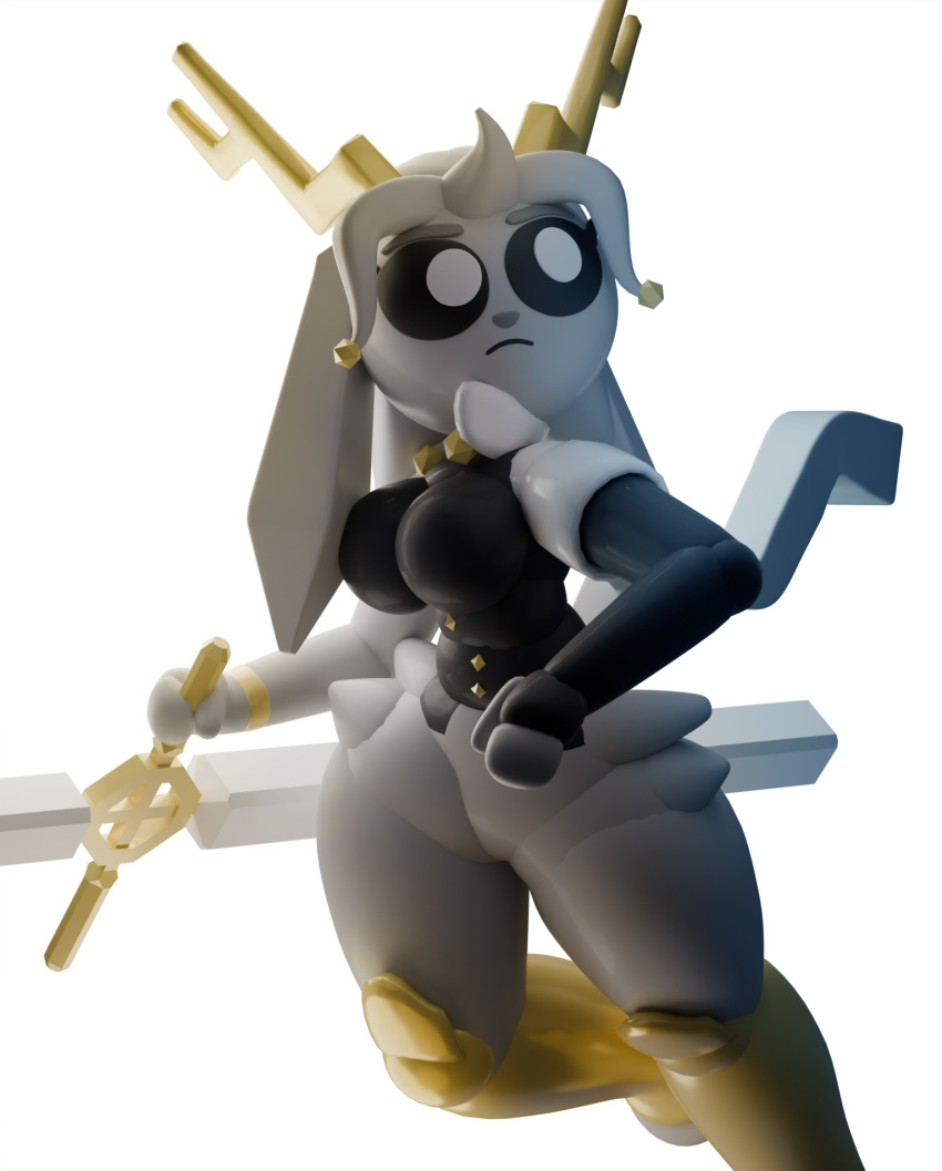 3d_(artwork) anthro antlers armor blender_(artwork) blender_cycles boots bovid caprine clothed clothing curvy_figure digital_media_(artwork) female footwear fur goat grey_body grey_fur guak hi_res horn lagomorph leporid mammal model pantsless pseudoregalia rabbit shoes simple_background solo sybil_(pseudoregalia) thick_thighs topwear white_background wide_hips