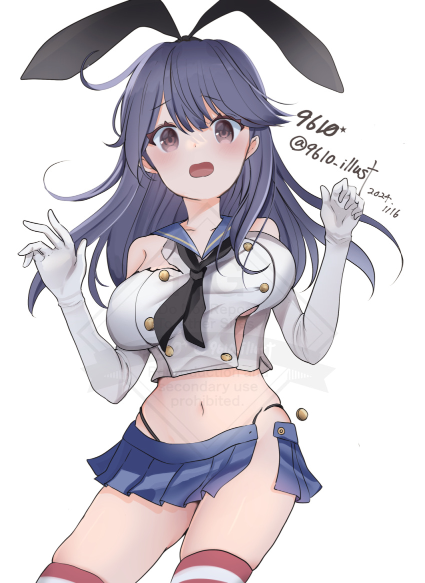 9610_(kuroto) ahoge black_hair black_panties blue_skirt blush breasts brown_eyes cosplay cowboy_shot crop_top dated elbow_gloves female gloves hair_ornament hairband highleg highleg_panties highres kantai_collection large_breasts long_hair microskirt navel open_mouth panties pleated_skirt sailor_collar school_uniform serafuku shimakaze_(kancolle) shimakaze_(kancolle)_(cosplay) skirt striped_clothes striped_thighhighs thighhighs twitter_username underwear ushio_(kancolle) wardrobe_malfunction white_background white_gloves