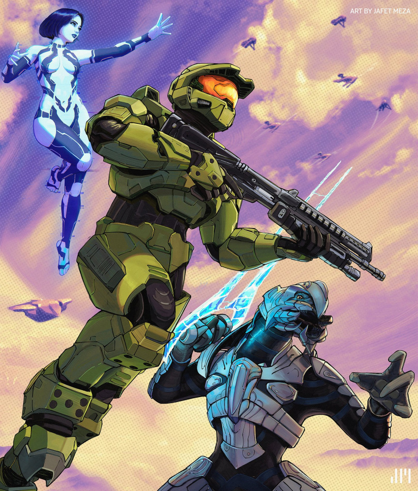 2boys alien arbiter artist_name assault_visor banshee_(halo) black_gloves blue_eyes blue_hair blue_lips blue_skin breasts cloud colored_skin cortana energy_sword fewer_digits gloves gun halo_(series) halo_3 highres holding holding_gun holding_sword holding_weapon jafet_meza m90 master_chief multiple_boys open_hand orange_eyes parted_lips pelican_(halo) sangheili short_hair shotgun sky small_breasts spartan_(halo) sword thel'vadam trigger_discipline type-1_energy_sword weapon