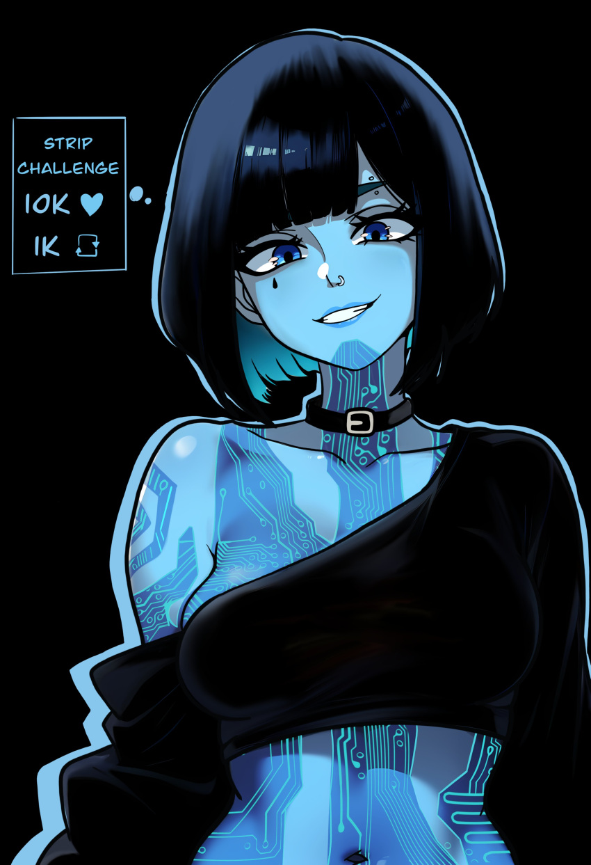 absurdres black_background black_collar black_hair black_shirt blue_eyes blue_hair blue_lips blue_skin collar collarbone colored_inner_hair colored_skin cortana cropped_shirt eyebrow_piercing female halo_(series) highres like_and_retweet looking_at_viewer meme midriff multicolored_hair navel nose_piercing nose_ring parted_lips piercing redpostit shirt short_hair simple_background single_off_shoulder smile solo twitter_strip_game_(meme) upper_body