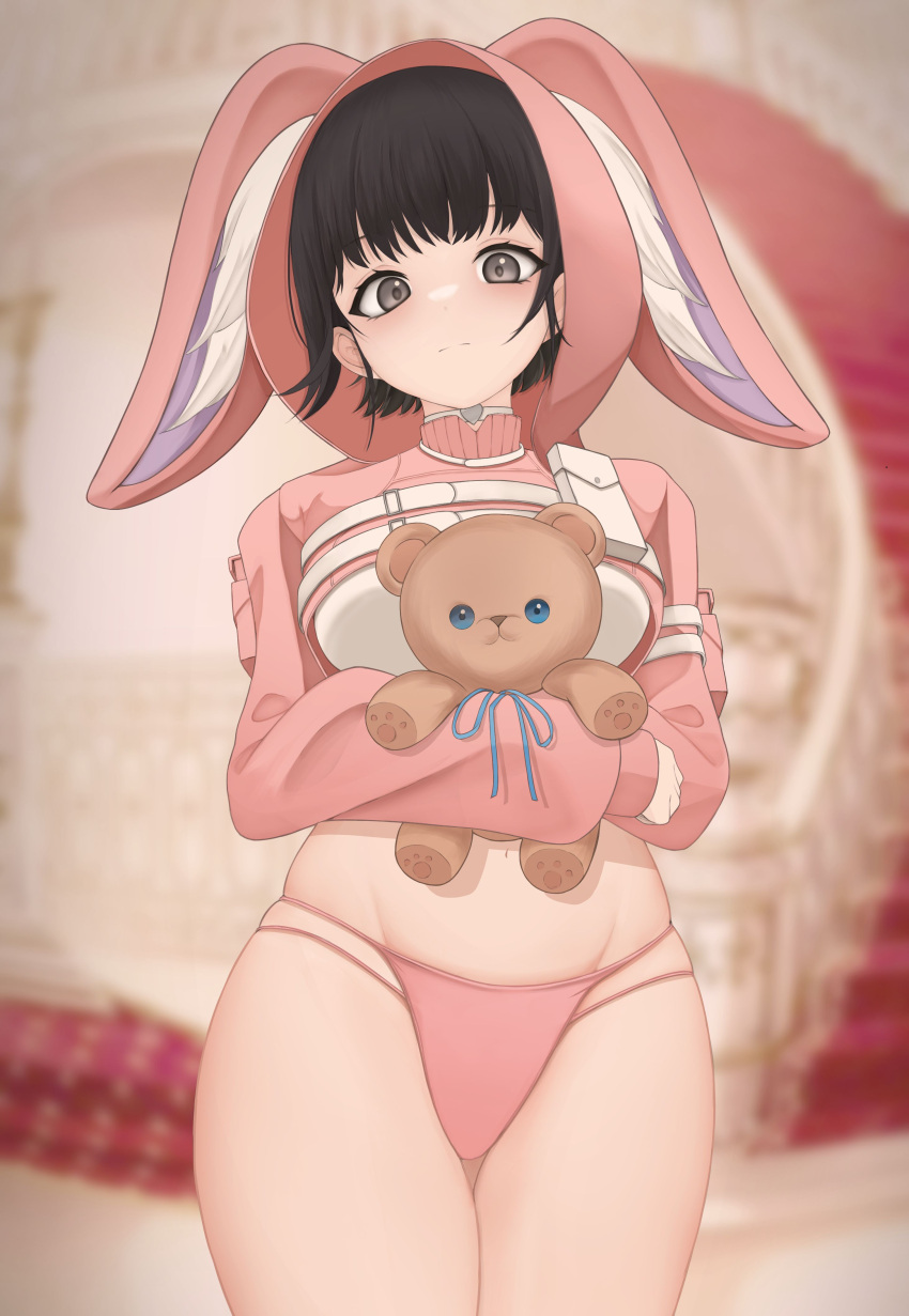 absurdres animal_ear_hood animal_hood artrobatic black_eyes black_hair blurry blurry_background closed_mouth commentary_request female highres hood hugging_doll hugging_object korean_commentary navel original panties pink_panties pink_sweater short_hair smile solo standing stuffed_animal stuffed_toy sweater teddy_bear thighs turtleneck turtleneck_sweater underwear