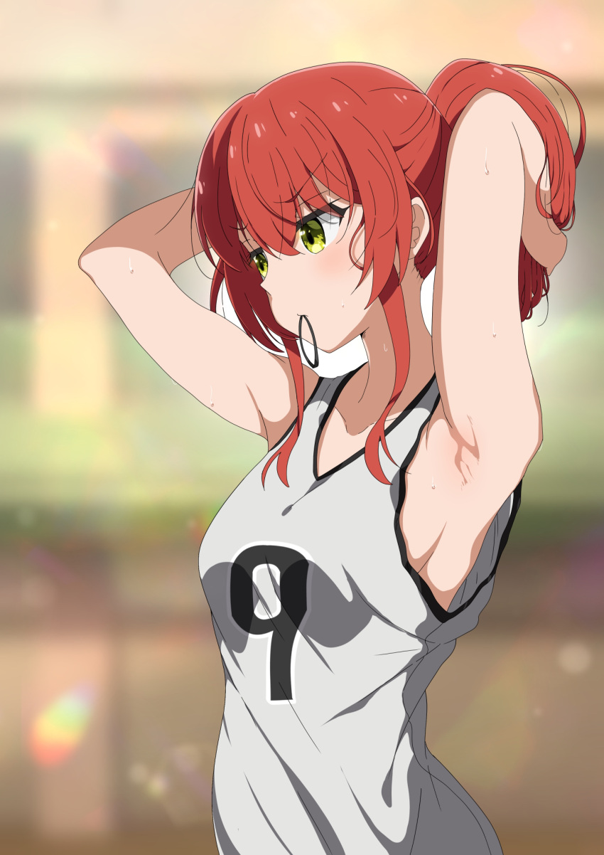 adjusting_hair armpits arms_behind_head arms_up basketball basketball_uniform blurry blurry_background bocchi_the_rock! breasts commentary_request female hair_between_eyes hairband highres kita_ikuyo looking_to_the_side no_bra playing_sports ponytail red_hair shirt sideboob sidelocks sleeveless sleeveless_shirt small_breasts solo sportswear sweat sweatdrop upper_body yellow_eyes yuuhi_(yuyuhihi)