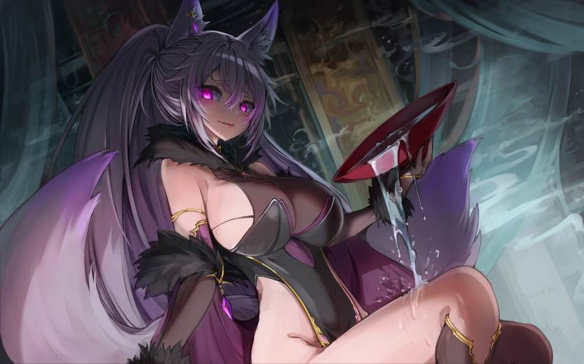 alcohol animal_ear_fluff animal_ears black_dress breasts commission cup detached_sleeves dress female fox_ears fox_girl fox_tail fur-trimmed_sleeves fur_trim hair_between_eyes holding holding_cup kajaneko large_breasts long_hair looking_at_viewer original parted_lips pelvic_curtain ponytail purple_eyes purple_hair sakazuki sake sideboob sitting skeb_commission solo suirin_(tukikagerou) tail thighs