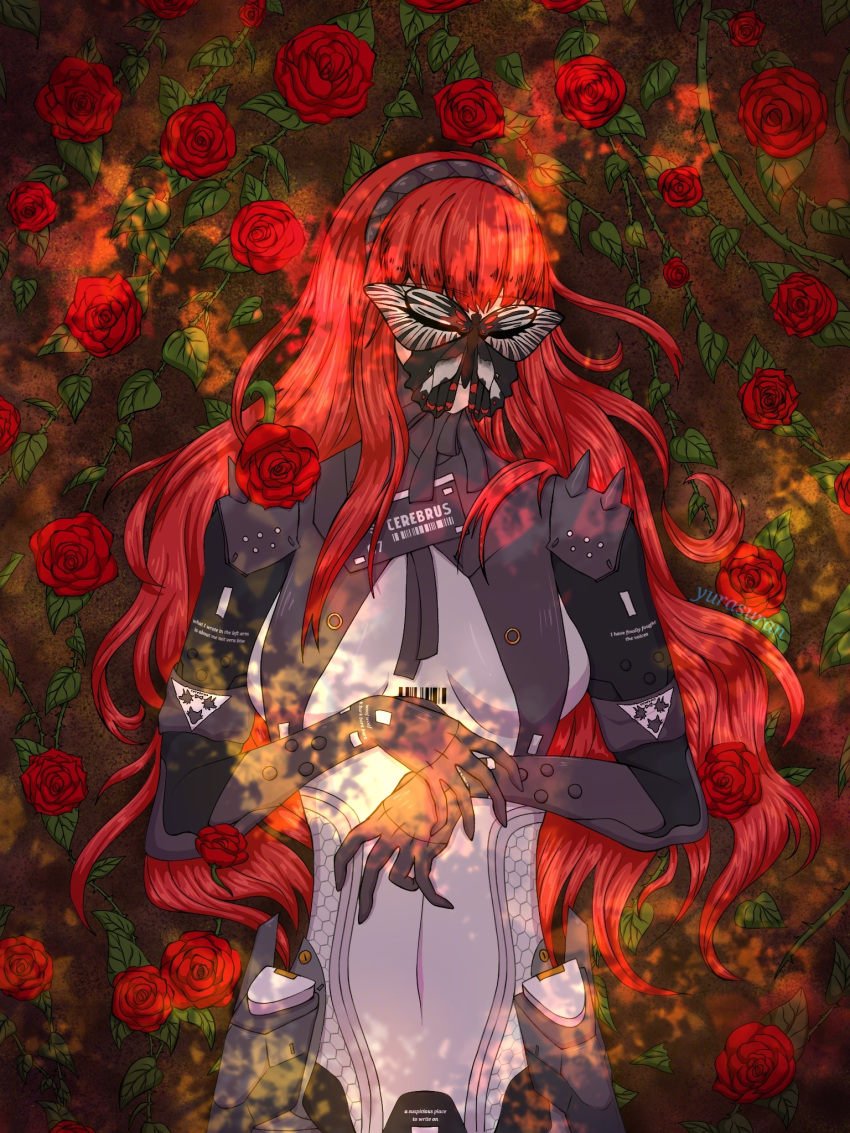 artist_name barcode black_bodysuit black_butterfly black_hairband bodysuit breast_curtains bug butterfly covered_face female flower hairband highres long_hair lying mechabare on_back punishing:_gray_raven red_flower red_hair red_rose rose sidelocks solo two-tone_bodysuit vera:_rozen_(pgr) vera_(pgr) very_long_hair white_bodysuit yurasuran