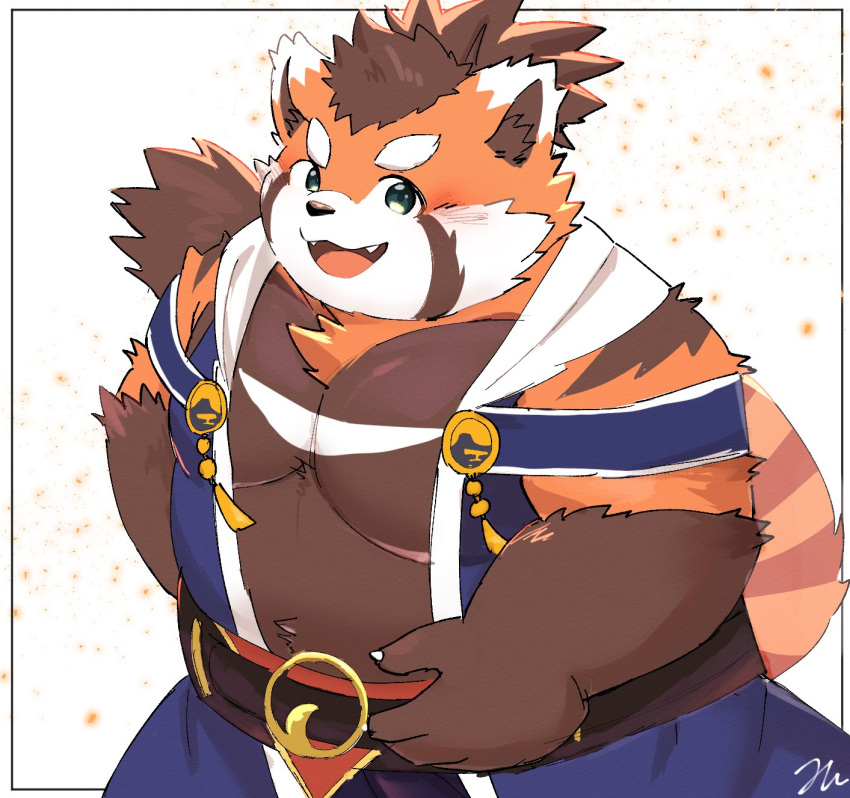 2024 ailurid anthro belly blush brown_body clothed clothing hi_res kemono komu_san8 male mammal moobs orange_body overweight overweight_male red_panda simple_background solo suruga_(tamacolle) tamacolle