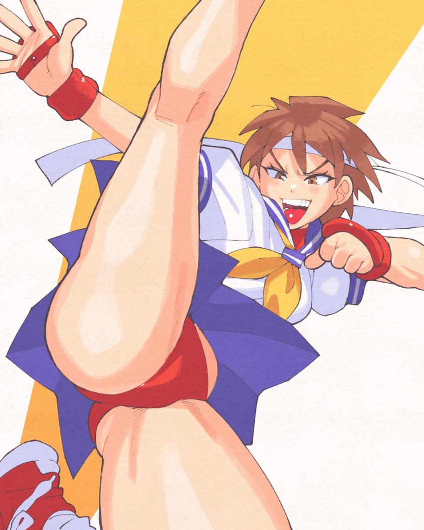 ass ass_visible_through_thighs blue_sailor_collar brown_hair buruma dynamic_pose female flying_kick gloves headband highres inkerton-kun kasugano_sakura kicking kneepits neckerchief pleated_skirt red_gloves sailor_collar school_uniform serafuku shirt shoes short_hair short_sleeves simple_background skirt sneakers solo street_fighter street_fighter_zero_(series) teeth thick_thighs thighs v-shaped_eyebrows white_headband white_shirt yellow_neckerchief