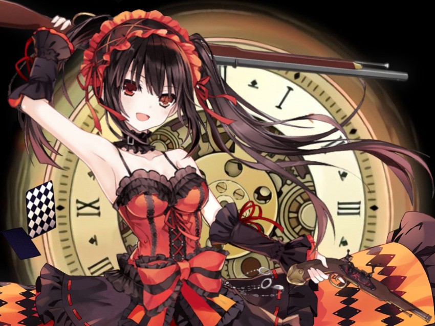 antique_firearm armpits bare_shoulders black_hair blush breasts cleavage clock clock_eyes clockwork date_a_live dress female firelock flintlock gothic_lolita gun hairband heterochromia highres lolita_fashion lolita_hairband long_hair looking_at_viewer medium_breasts open_mouth red_eyes ribbon roman_numeral saint_laurent_paris smile solo symbol-shaped_pupils thighhighs tokisaki_kurumi twintails weapon yellow_eyes