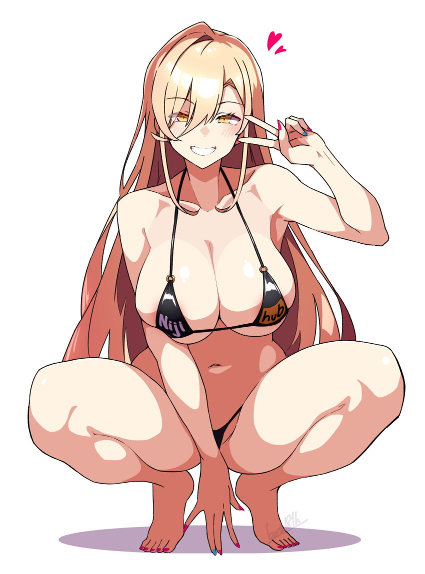 batta_16-sei bikini black_bikini blonde_hair blush brand_name_imitation breasts collarbone female grin hair_between_eyes heart highres large_breasts logo_parody long_hair looking_at_viewer meme micro_bikini nail_polish navel nijihub_(meme) nijisanji nui_sociere pornhub simple_background smile solo squatting swimsuit v virtual_youtuber white_background yellow_eyes