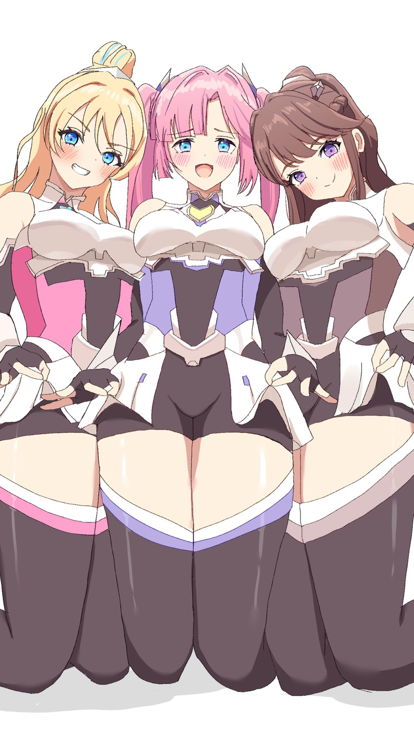 3girls :d absurdres anyoji_hime armor black_bodysuit black_thighhighs blonde_hair blue_eyes blue_hair blunt_bangs bodysuit boobplate breasts brown_hair burupoko closed_mouth commentary fanfare!!!_(love_live!) feet_out_of_frame fujishima_megumi hair_intakes half_up_braid headpiece highres kneeling light_blue_hair link!_like!_love_live! long_hair looking_at_viewer love_live! medium_breasts mira-cra_park! multicolored_hair multiple_girls official_alternate_costume official_alternate_hairstyle open_mouth osawa_rurino overskirt pink_hair ponytail purple_eyes sidelocks simple_background skirt_hold smile split_mouth streaked_hair swept_bangs thighhighs twintails virtual_youtuber white_armor white_background