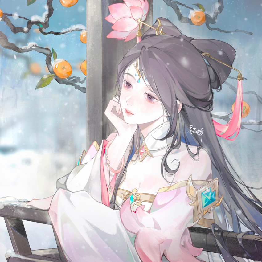 aqua_gemstone blurry blurry_background bow-shaped_hair bracelet branch breasts brown_eyes brown_hair chinese_clothes cleavage closed_mouth collarbone detached_collar detached_sleeves eyelashes female fingernails flower food forehead_jewel fruit gem guodong_buguoqiu hanfu highres jewelry lips long_hair long_sleeves looking_afar lotus mandarin_orange medium_breasts nail_polish original outdoors pink_flower pink_gemstone pink_hanfu pink_lips pink_nails snow snowing solo square tassel upper_body wide_sleeves winter