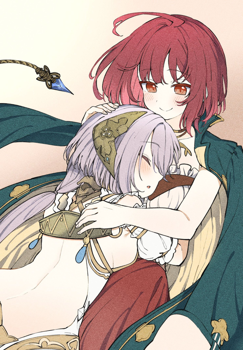 2girls atelier_(series) atelier_sophie brown_eyes coat collared_coat commentary corset green_coat highres hug jewelry long_coat multiple_girls necklace plachta red_hair red_skirt skirt sophie_neuenmuller white_hair yurai0739 yuri zzz