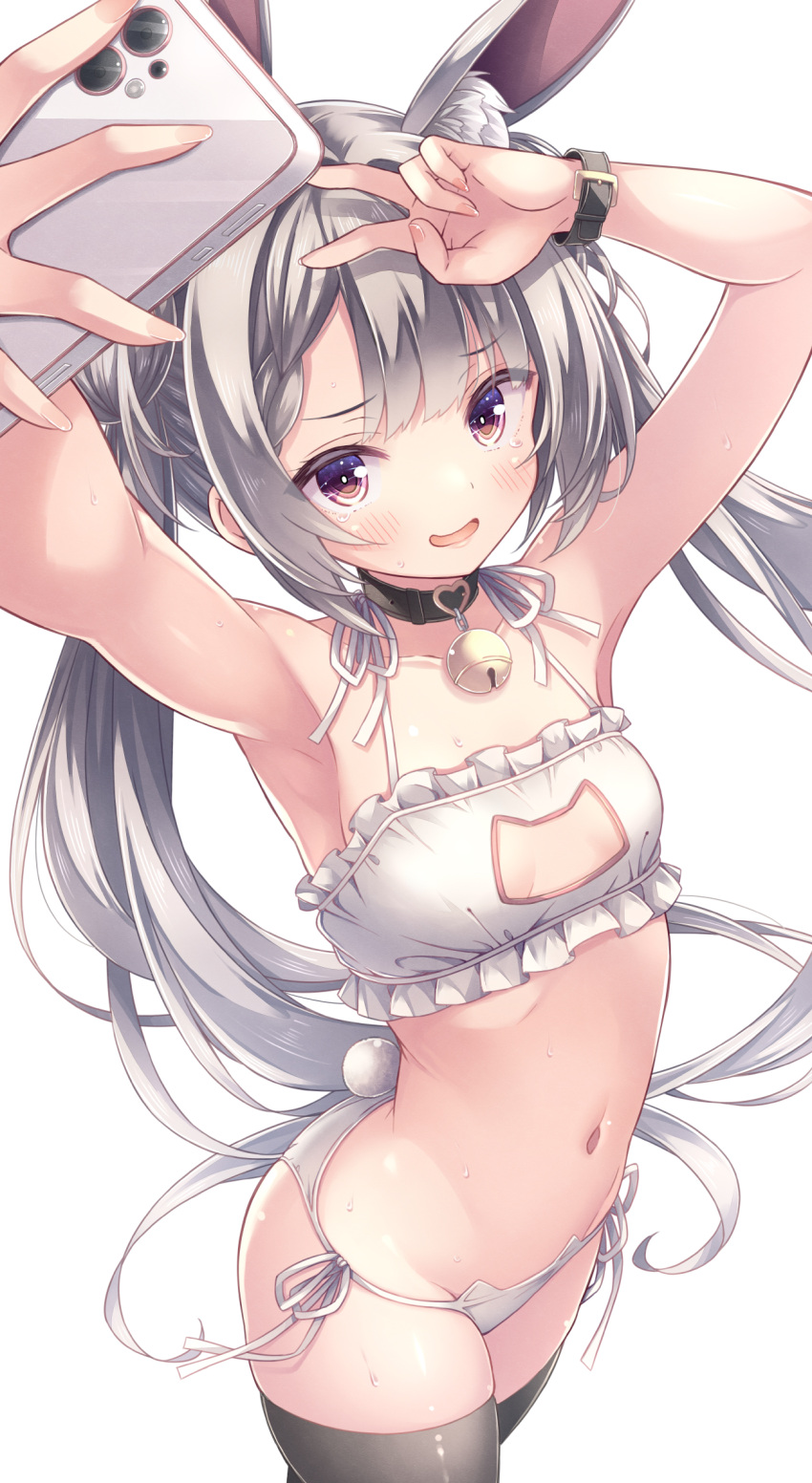 animal_ear_fluff animal_ears armpits arms_up bare_arms bare_shoulders bell black_choker black_thighhighs bra breasts cat_cutout cat_ear_panties cat_lingerie cellphone choker cleavage_cutout clothing_cutout cowboy_shot embarrassed female frilled_bra frills grey_hair heart highres holding holding_phone jingle_bell lingerie long_hair looking_at_viewer meme_attire navel open_mouth original panties phone purple_eyes rabbit_ears rabbit_tail ryo_(botugo) selfie side-tie_panties simple_background skindentation small_breasts smartphone smile solo standing stomach string_bra string_panties sweat tail tearing_up thighhighs thighs twintails underwear underwear_only v very_long_hair white_background white_bra white_panties wristband