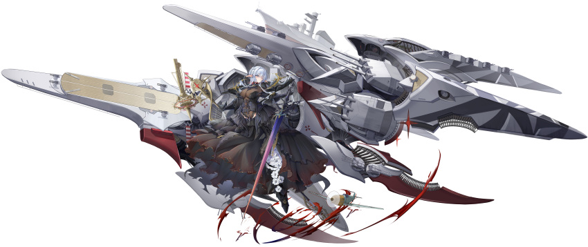 absurdres aiii_(warship_girls_r) aircraft airplane breasts female flight_deck highres holding holding_sword holding_weapon large_breasts long_hair official_art rigging solo sword turret warship_girls_r weapon white_background white_hair