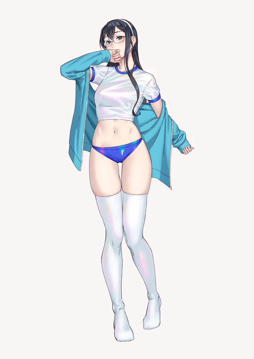 alternate_costume blue_buruma blue_jacket buruma commentary_request female full_body green_eyes gym_shirt gym_uniform hairband highres jacket kantai_collection long_hair midriff ooyodo_(kancolle) shirt simple_background solo t-shirt thigh_gap thighhighs white_background white_hairband white_shirt white_thighhighs yuuji_(and)