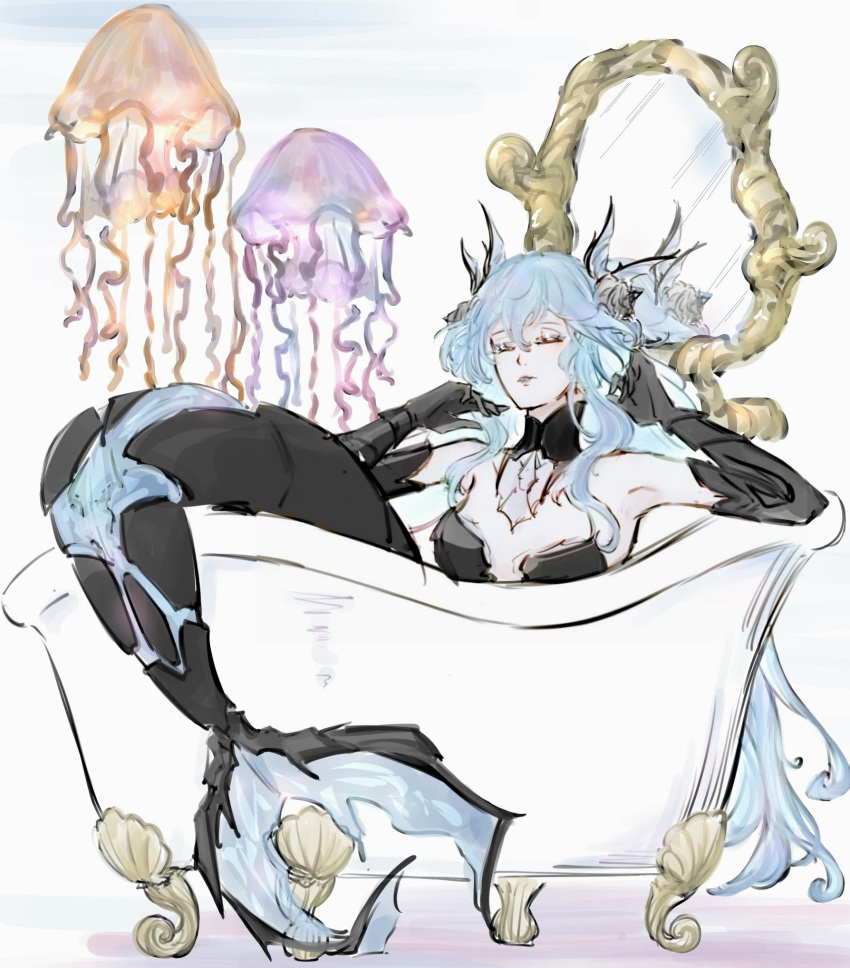 adhesive_bra black_bra blue_hair bra bridgeless_bra closed_eyes female fins hair_between_eyes head_fins highres jellyfish jyouu9s lamia:_lost_lullaby_(pgr) lamia_(pgr) long_hair mechanical_arms mechanical_tail mermaid mirror monster_girl punishing:_gray_raven purple_lips shell_hair_ornament solo tail underwear