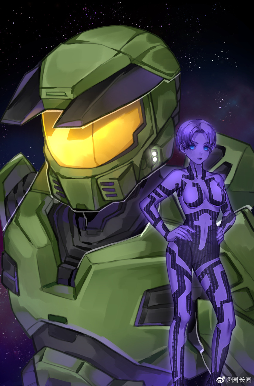 1boy armor assault_visor blue_eyes breasts chinese_commentary collarbone colored_skin cortana female green_helmet hair_behind_ear halo:_combat_evolved halo_(series) hands_on_own_hips helmet highres hologram looking_down master_chief medium_breasts parted_bangs power_armor purple_skin short_hair sky_kiki space spartan_(halo) star_(sky) weibo_username weibo_watermark