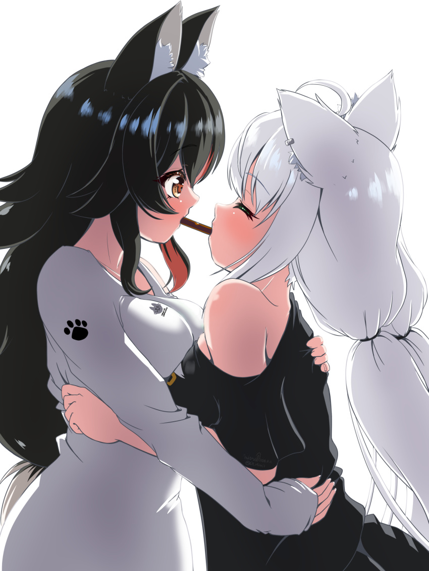 2girls ahoge animal_ear_fluff animal_ears black_hair black_shirt braid breasts closed_eyes commentary_request earrings face-to-face fox_ears fox_girl hair_between_eyes highres holding hololive jewelry long_hair medium_breasts misril multicolored_hair multiple_girls ookami_mio ookami_mio_(casual) pocky_day red_hair shirakami_fubuki shirakami_fubuki_(loungewear) shirt sidelocks simple_background single_braid streaked_hair twintails virtual_youtuber white_background white_hair white_shirt wolf_ears wolf_girl yellow_eyes