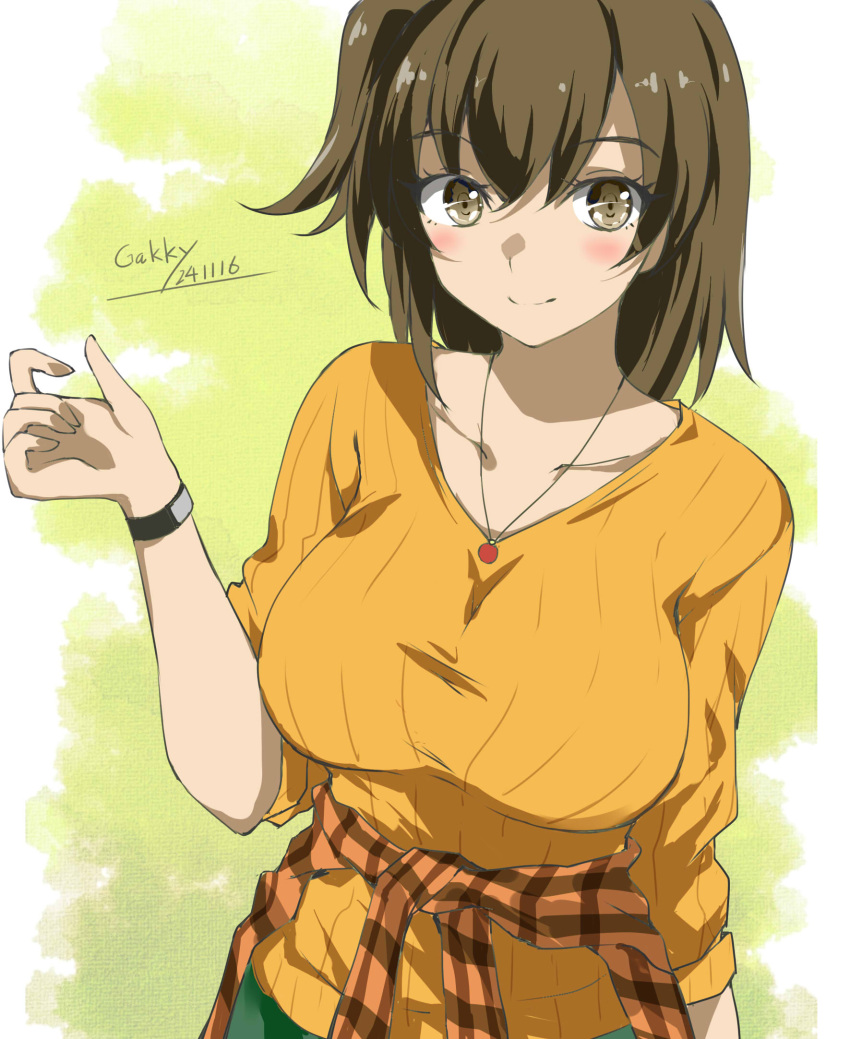 alternate_costume artist_name blush breasts brown_eyes brown_hair clothes_around_waist clover_background collarbone cowboy_shot dated female gakky green_pants highres hiryuu_(kancolle) jewelry kantai_collection large_breasts long_sleeves looking_at_viewer necklace official_alternate_costume one-hour_drawing_challenge pants ribbed_shirt shirt short_hair smile solo sweater sweater_around_waist watch wristwatch yellow_shirt