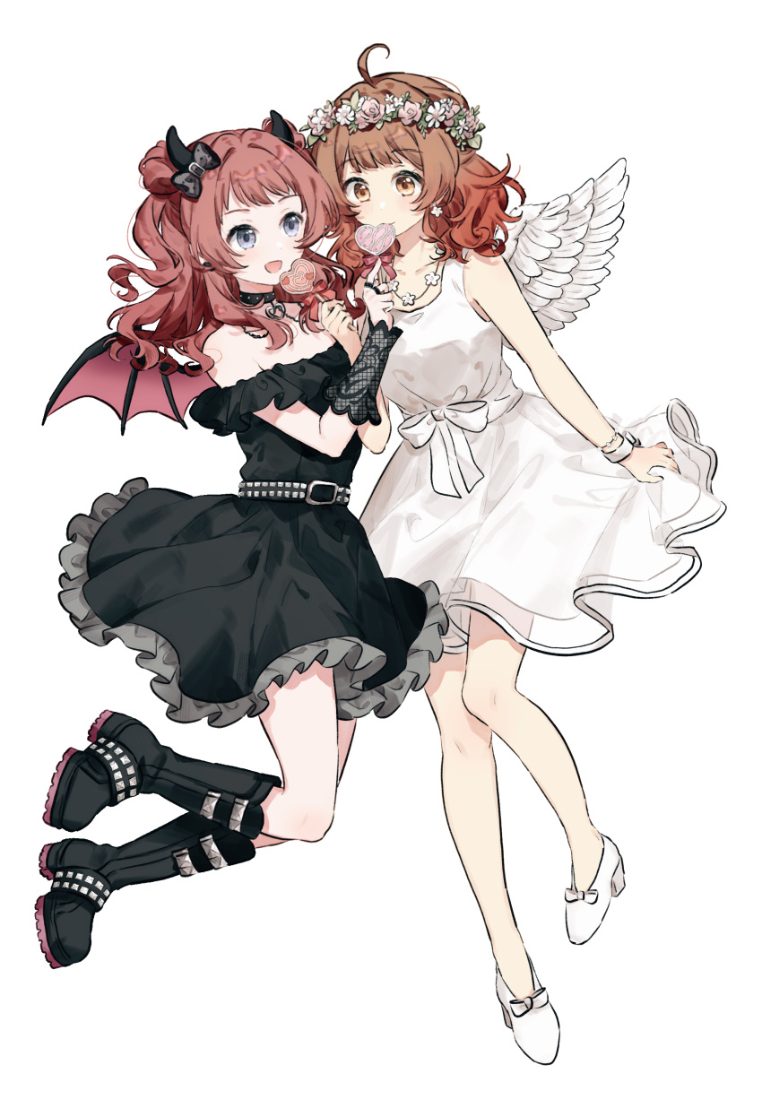 2girls absurdres ahoge angel_wings bare_shoulders belt belt_buckle black_belt black_bow black_choker black_dress black_footwear black_vs_white boots bow bracelet brown_eyes buckle candy choker collarbone demon_horns demon_wings detached_sleeves double_bun dress earrings flower flower_bracelet flower_earrings flower_necklace food footwear_bow frilled_dress frills gakuen_idolmaster gradient_hair hair_bun hairbow hanami_saki hanami_ume high_heels highres holding holding_candy holding_food holding_lollipop horns idolmaster jewelry lace_sleeves lollipop migolu mouth_hold multicolored_hair multiple_girls multiple_rings pink_flower pink_rose purple_eyes red_hair ring rose siblings simple_background sisters sleeveless sleeveless_dress studded_belt studded_footwear two_side_up waist_bow wavy_hair white_background white_bow white_dress white_flower white_footwear white_wings wings