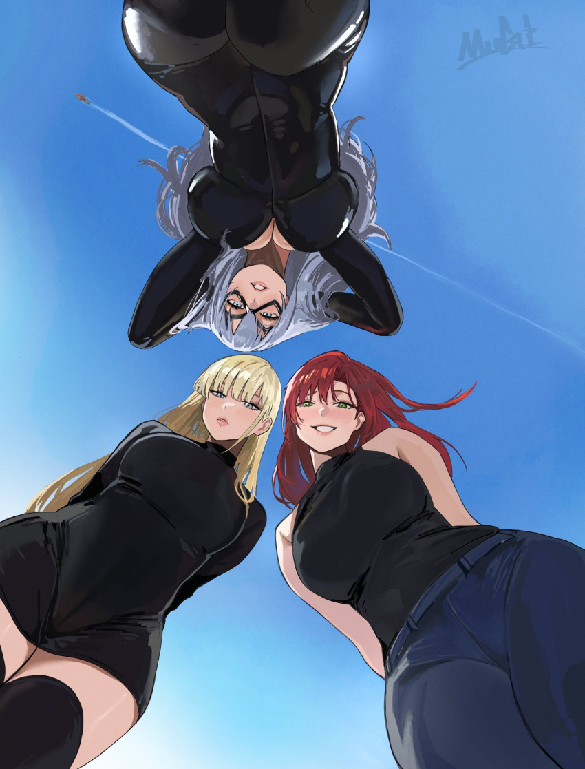 1boy 3girls arms_behind_back arms_up bare_shoulders black_bodysuit black_cat_(marvel) black_dress black_mask black_shirt blue_eyes blue_pants blue_sky blunt_bangs bodysuit breasts character_request check_character cleavage contrail domino_mask dress english_commentary eye_mask falling_petals felicia_hardy from_below green_eyes grey_hair grin gwen_stacy highres hime_cut large_breasts latex latex_bodysuit long_hair looking_at_viewer marvel mary_jane_watson mask mugi_(mugit49) multiple_girls pants parted_lips petals red_hair shirt shirt_tucked_in short_dress skin_tight sky sleeveless sleeveless_shirt smile spider-man_(series) thighhighs