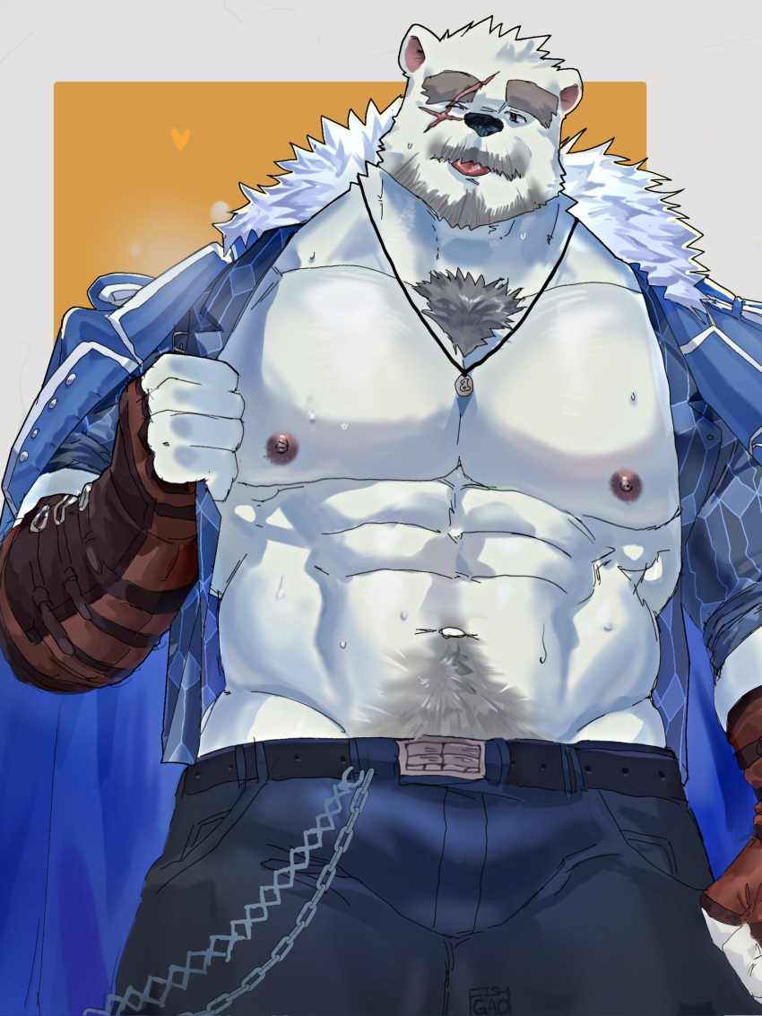 1boy abs animal_ears another_eidos-r bara bear_boy bear_ears beard belt black_belt black_pants blue_coat blue_eyes brown_gloves bulge chest_hair chinese_commentary coat commentary_request cross_scar facial_hair fingerless_gloves fur-trimmed_coat fur_trim furry furry_male gao_(gao_53937056) gloves highres jewelry leather leather_gloves looking_at_viewer male_focus muscular muscular_male navel necklace nipples one_eye_closed pants pectorals scar scar_across_eye scar_on_cheek scar_on_face scar_on_forehead sigvaldi_(another_eidos) sweat thick_eyebrows tongue tongue_out