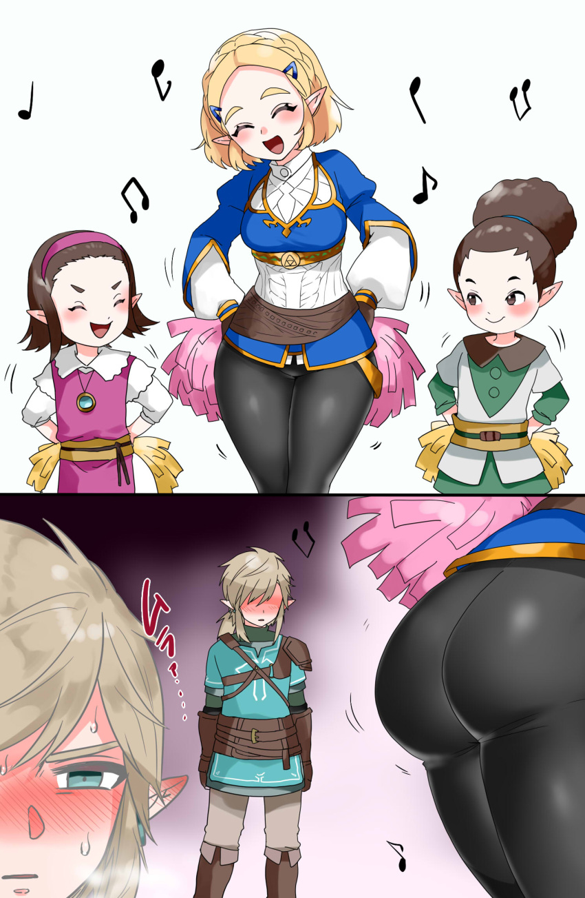 1boy 3girls ass ass_focus blonde_hair blush breasts champion's_tunic_(zelda) earrings highres jewelry link lolicon long_hair looking_at_ass multiple_girls open_mouth pervert pointy_ears ponytail princess_zelda short_hair smile staring the_legend_of_zelda the_legend_of_zelda:_tears_of_the_kingdom wasabi_(legemd)