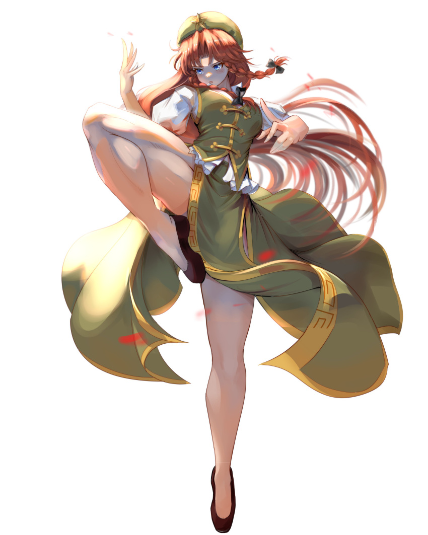 absurdres arm_up bare_legs beret black_bow black_footwear blue_eyes bow braid breasts chinese_clothes cleavage curtained_hair edz_drawz english_commentary female fighting_stance flats floating_hair full_body gold_trim green_hat green_skirt green_vest hairbow hat hat_ornament highres hong_meiling knee_up long_hair medium_breasts midriff_peek multiple_hair_bows open_mouth pelvic_curtain puffy_short_sleeves puffy_sleeves red_hair shirt short_sleeves side_braids side_slit sidelighting simple_background skirt skirt_set solo standing standing_on_one_leg star_(symbol) star_hat_ornament touhou very_long_hair vest white_background white_shirt wind wind_lift